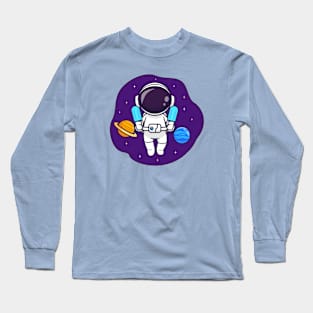 Cute Astronaut Floating In Space With Popsicle Ice Cream Cartoon Long Sleeve T-Shirt